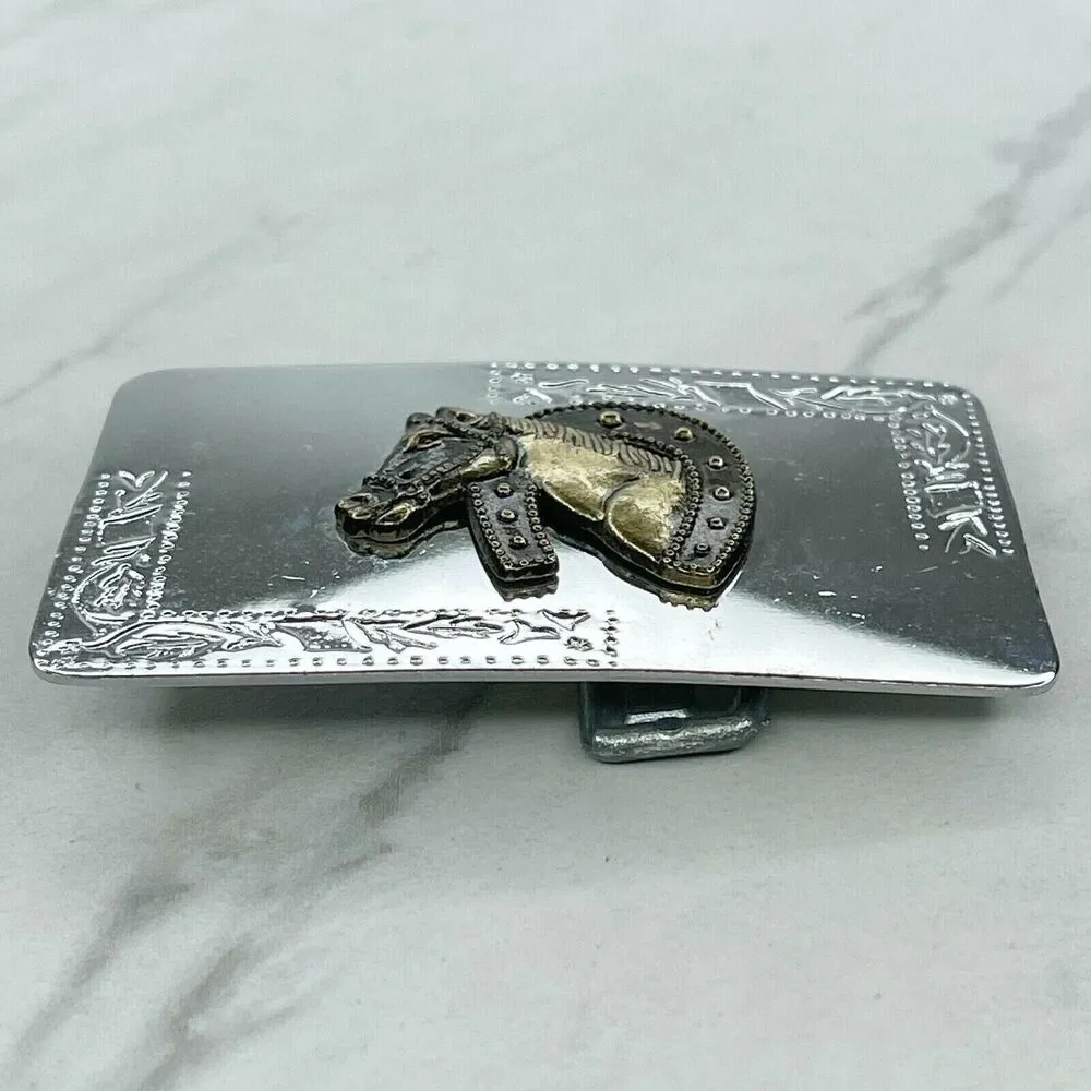 Vintage Horse Head Horseshoe Western Silver Gold Tone Belt Buckle ✨